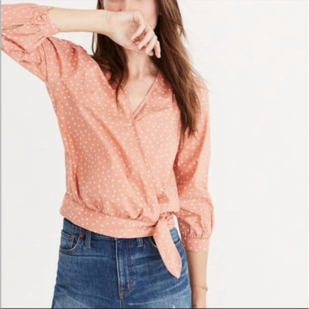 Madewell Peach Star Scatter Print Wrap Cotton V-Neck Top